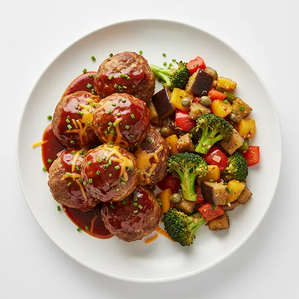 Cheesy Beef Meatballs With Caponata Broccoli And Bbq Sauce